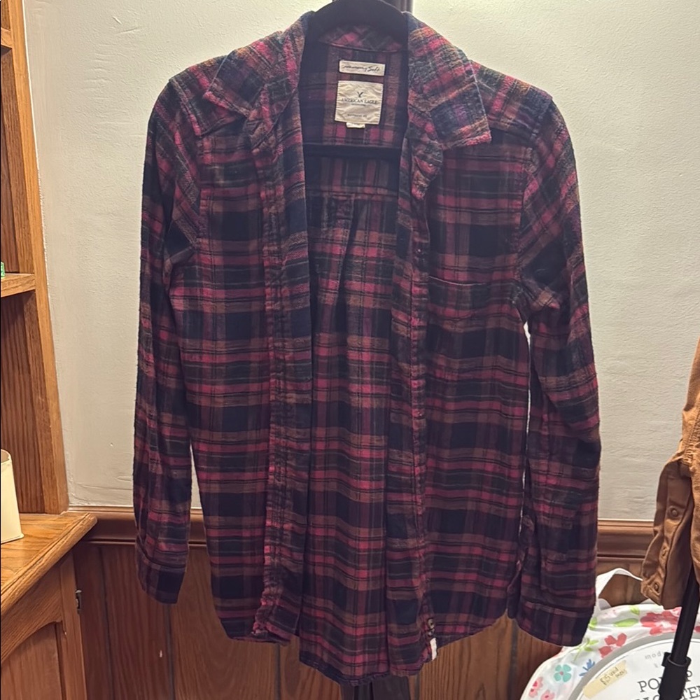 American Eagle Outfitters Pink and Black Plaid Shirt